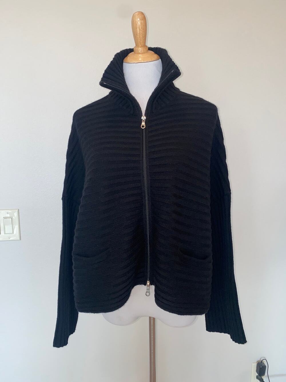 Sarah Pacini Zip Front Cardigan Sweater  Black Wool Blend Boxy Oversize One Size